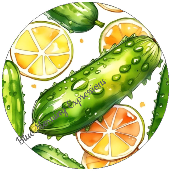 Handmade stickers with pickles and orange slices