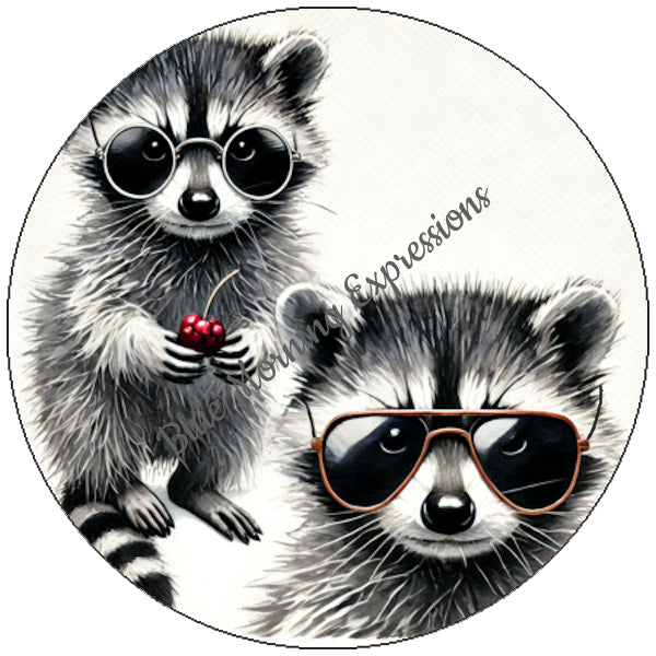 Handmade stickers with raccoons wearing sunglasses