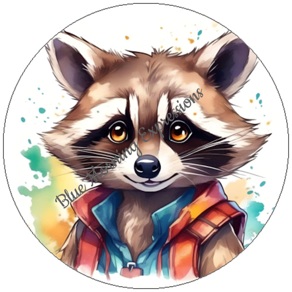 Handmade stickers with a raccoon in a jacket