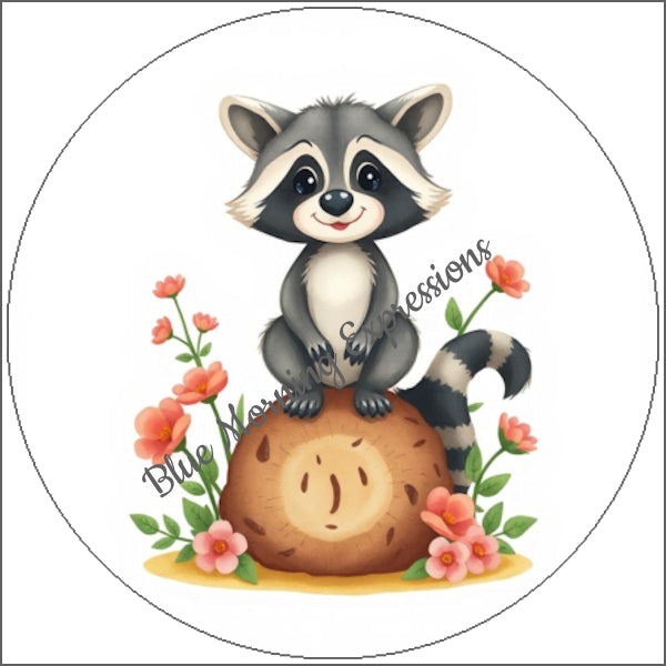 Handmade stickers raccoon on a log 