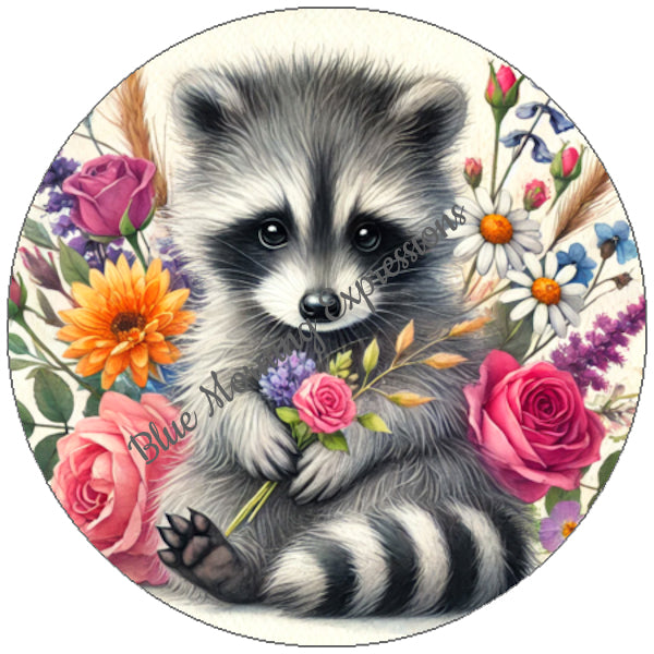 Handmade sticker with a raccoon sitting in a flower garden