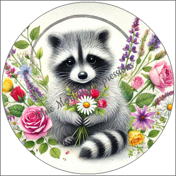 Handmade stickers of a raccoon in a field of flowers 
