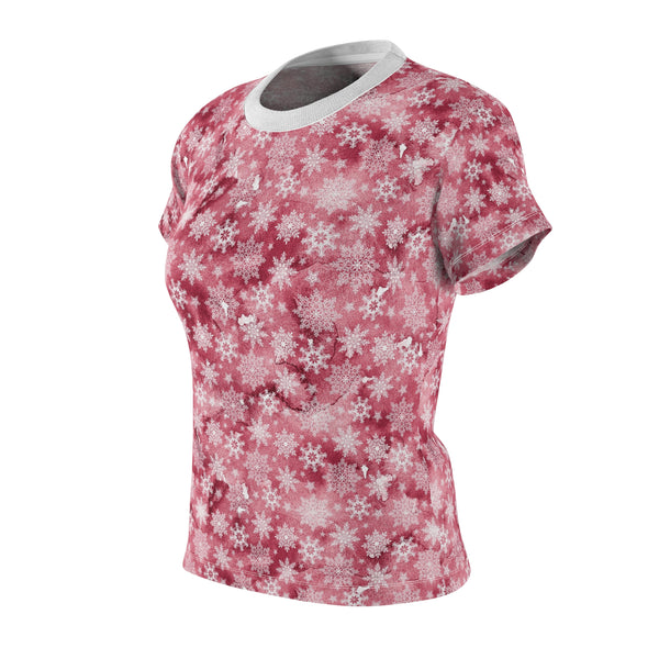 Pink Snowflakes Women's Cut & Sew Tee (AOP) Casual Shirt for Women