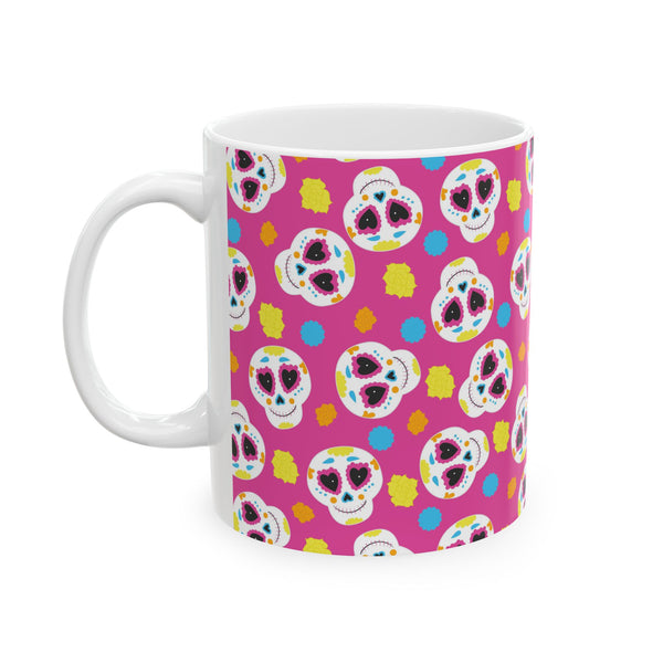 Pink Sugar Skull Day of the Dead White Ceramic Mug