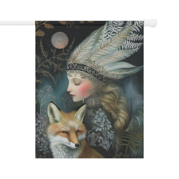 Mystic Moon Maiden & Fox Garden Flag Porch Banner Gothic Fantasy Decor