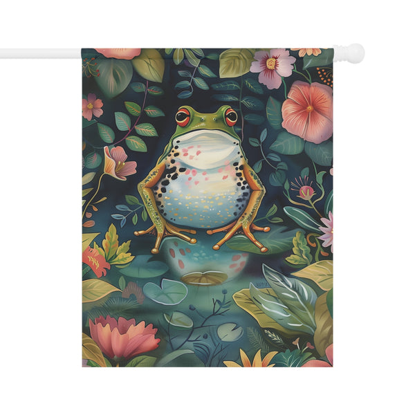 Decorative flag with a frog and floral design on a dark background