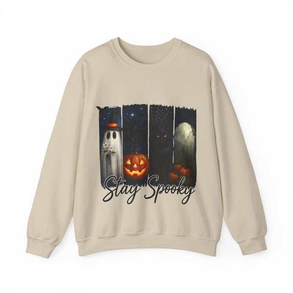 Beige sweatshirt with Halloween design featuring ghosts and pumpkins on a white background