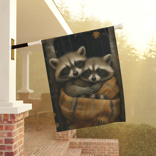 Rustic Raccoon Couple Garden Flag & Porch Banner Woodland Cabin Decor