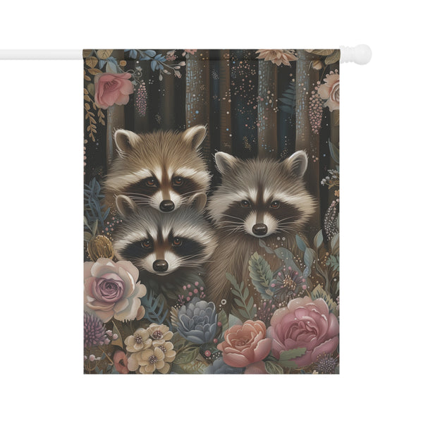 Woodland Raccoon Family Garden Flag & Porch Banner Floral Decor Yard Art