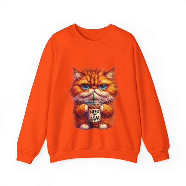 Orange sweatshirt with a cat holding a coffee cup and 'Need My Java' text on a white background