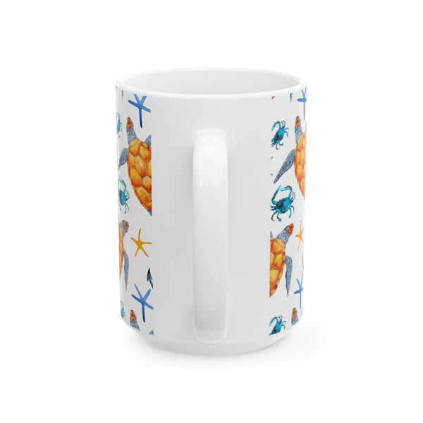 Sea Turtle Coffee Mug – Ocean Beach Ceramic Cup with Crabs & Anchors, 11oz/15oz