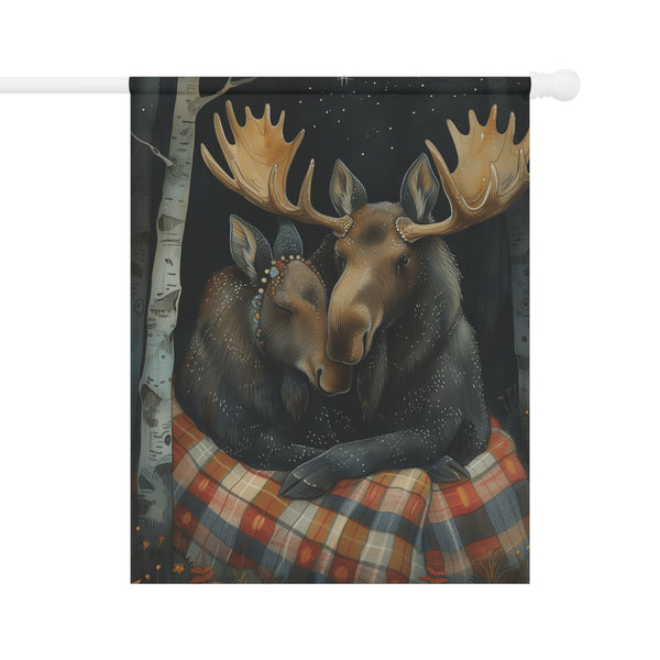 Rustic Moose Couple Garden Flag & Porch Banner Woodland Cabin Yard Decor