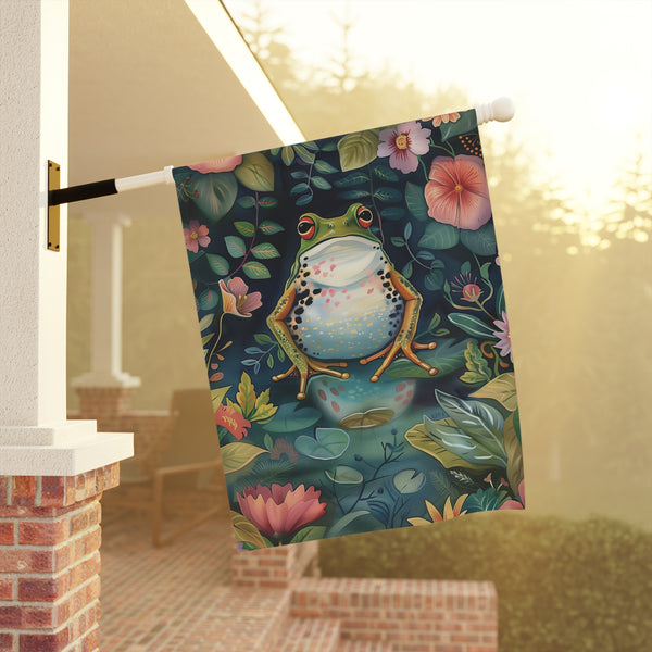 Decorative flag with a frog design hanging on a porch