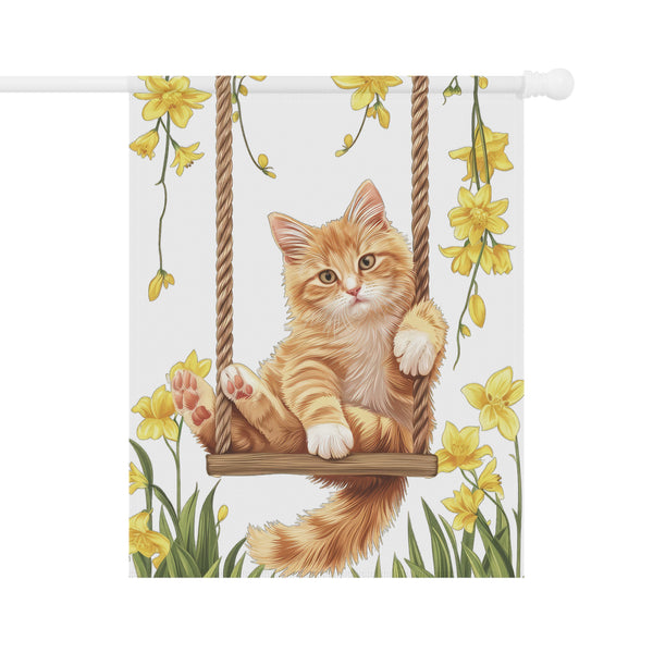 Orange Kitten on Swing Garden Flag & Porch Banner Spring Floral Decor