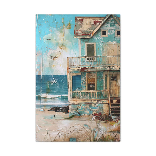 Whimsical Beach House Ocean Canvas Print Blue Art Coastal Decor Wall Hanging