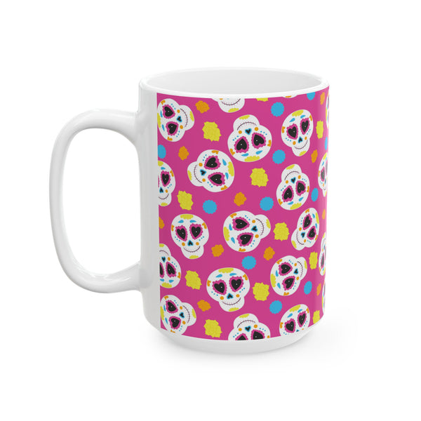 Pink Sugar Skull Day of the Dead White Ceramic Mug