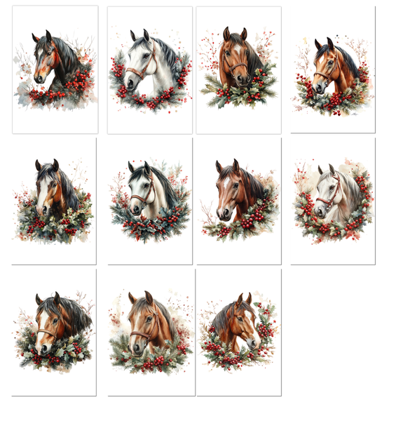 11 Christmas Horses Notecards All Occasion 4x6 with Envelopes Blank Folded
