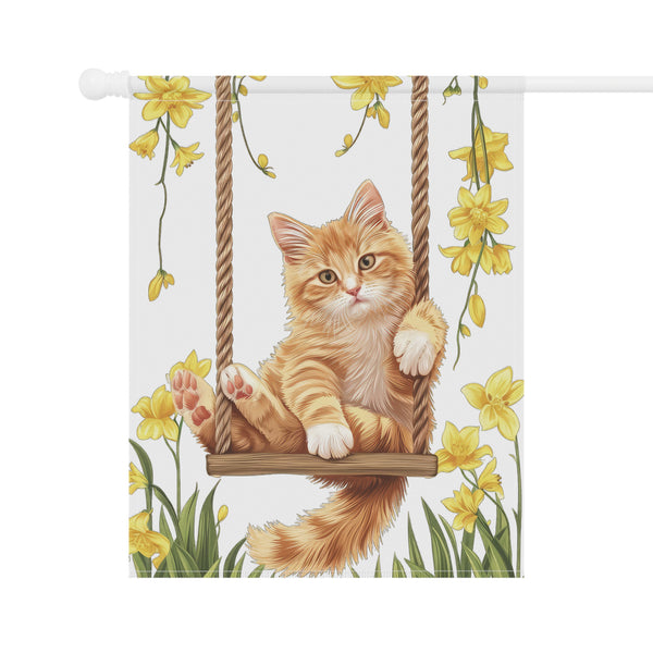 Orange Kitten on Swing Garden Flag & Porch Banner Spring Floral Decor