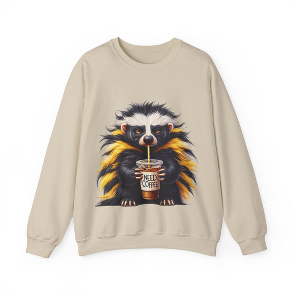 Beige sweatshirt with a raccoon holding a coffee cup graphic on a white background