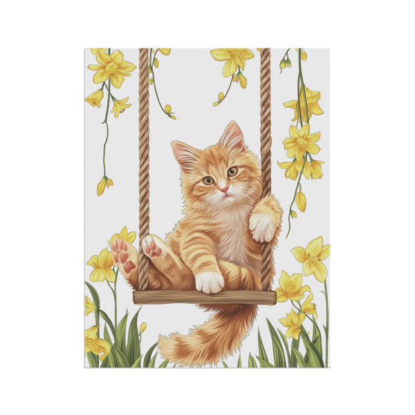 Orange Kitten on Swing Garden Flag & Porch Banner Spring Floral Decor