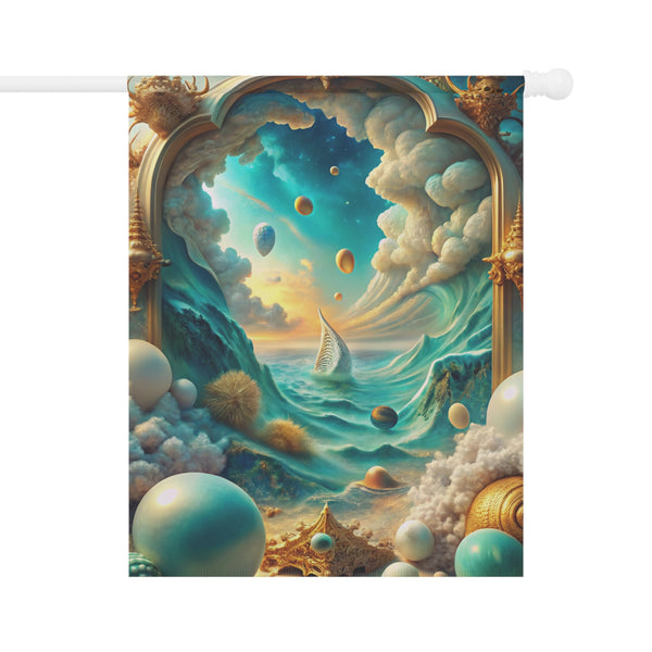 Fantasy landscape flag with ocean, clouds, and celestial elements