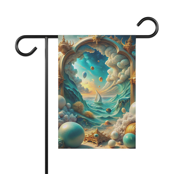 Decorative garden flag with a fantasy seascape design featuring clouds, stars, and a ship.