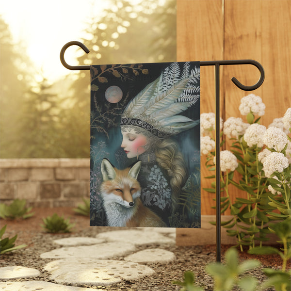 Mystic Moon Maiden & Fox Garden Flag Porch Banner Gothic Fantasy Decor