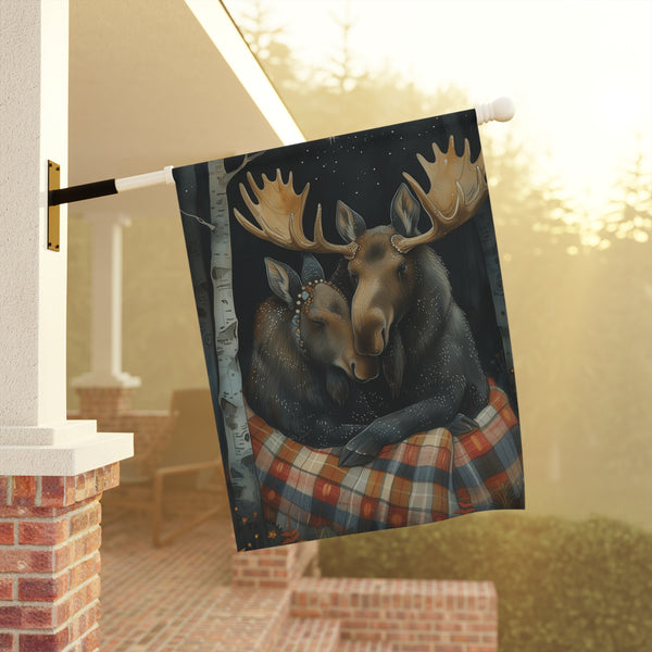 Rustic Moose Couple Garden Flag & Porch Banner Woodland Cabin Yard Decor