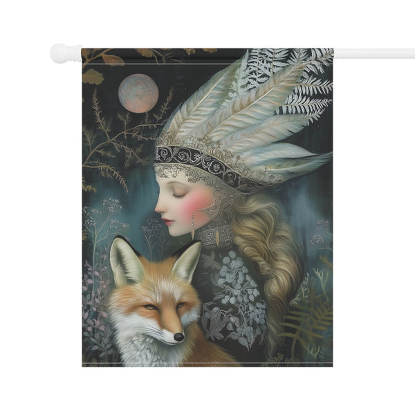 Mystic Moon Maiden & Fox Garden Flag Porch Banner Gothic Fantasy Decor