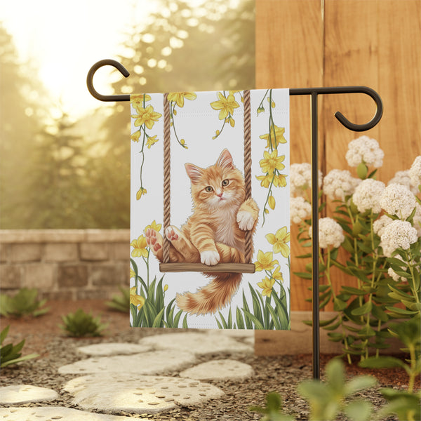 Orange Kitten on Swing Garden Flag & Porch Banner Spring Floral Decor