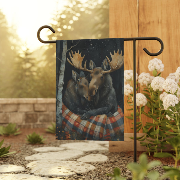 Rustic Moose Couple Garden Flag & Porch Banner Woodland Cabin Yard Decor