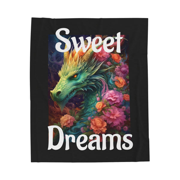 Blanket with a dragon and floral design on a black background with 'Sweet Dreams' text.