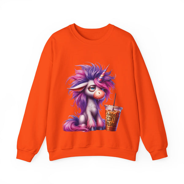 Orange sweatshirt with a cartoon unicorn holding a coffee cup on a white background