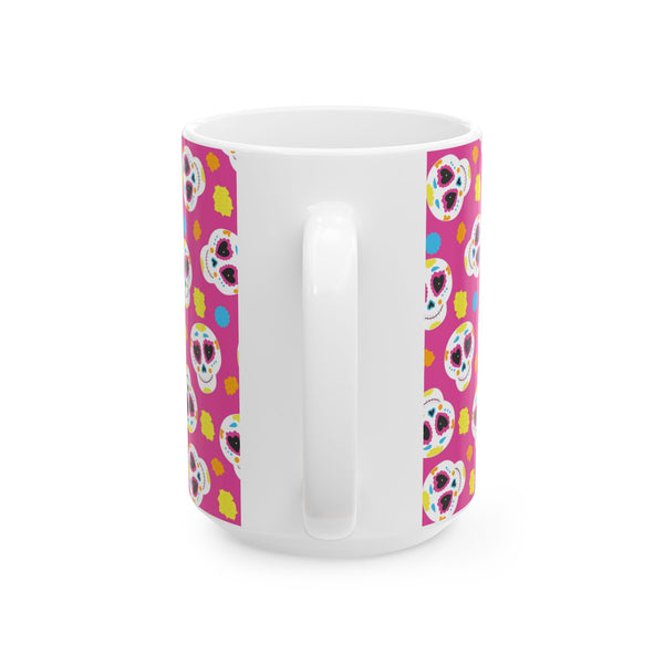 Pink Sugar Skull Day of the Dead White Ceramic Mug