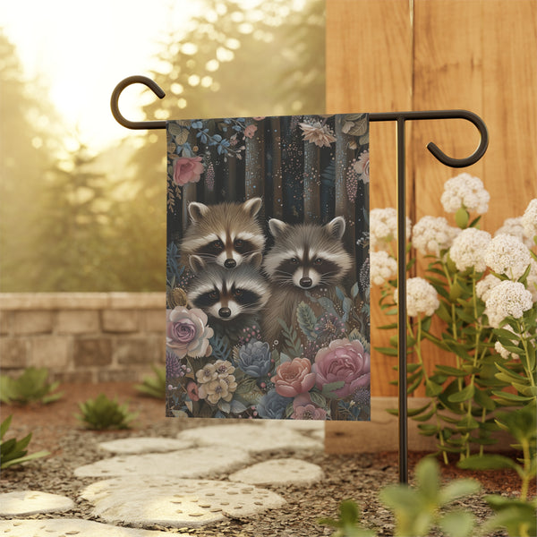 Woodland Raccoon Family Garden Flag & Porch Banner Floral Decor Yard Art
