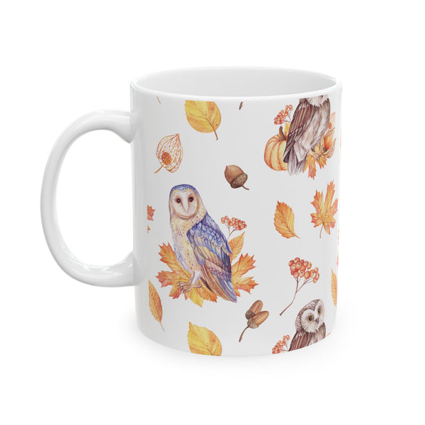 Autumn Owl Coffee Mug – Fall Leaves Ceramic Cup, Dishwasher & Microwave Safe