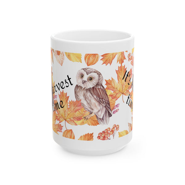 Harvest Time Owl Coffee Mug – Autumn Fall Leaves Ceramic Cup, Dishwasher Safe