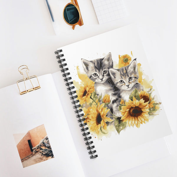 Cute Kitten & Sunflower Spiral Notebook – 6" x 8" Ruled Journal for Cat Lovers