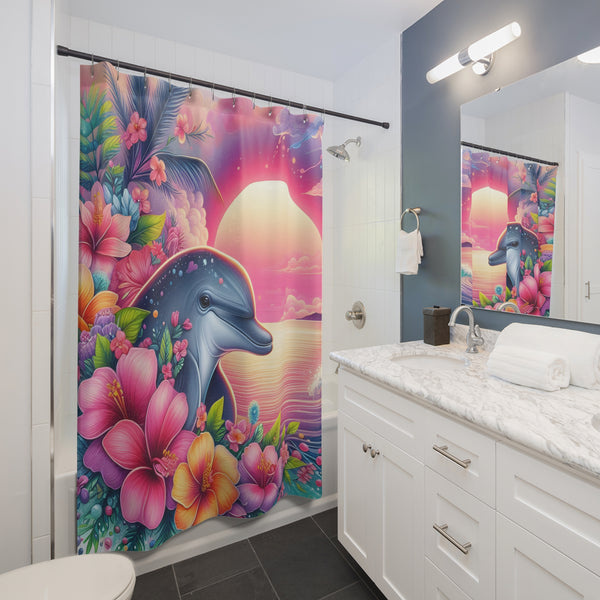 Tropical Dolphin Sunset Shower Curtain | Coastal Beach Bathroom Decor Floral