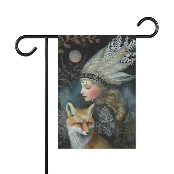 Mystic Moon Maiden & Fox Garden Flag Porch Banner Gothic Fantasy Decor
