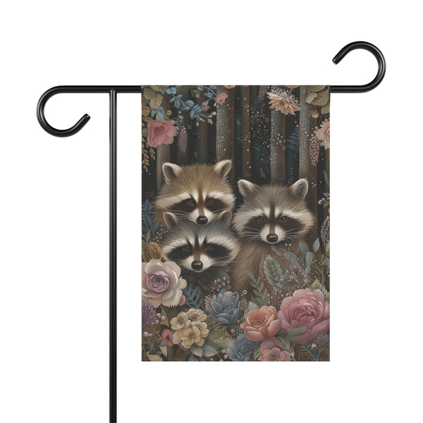 Woodland Raccoon Family Garden Flag & Porch Banner Floral Decor Yard Art