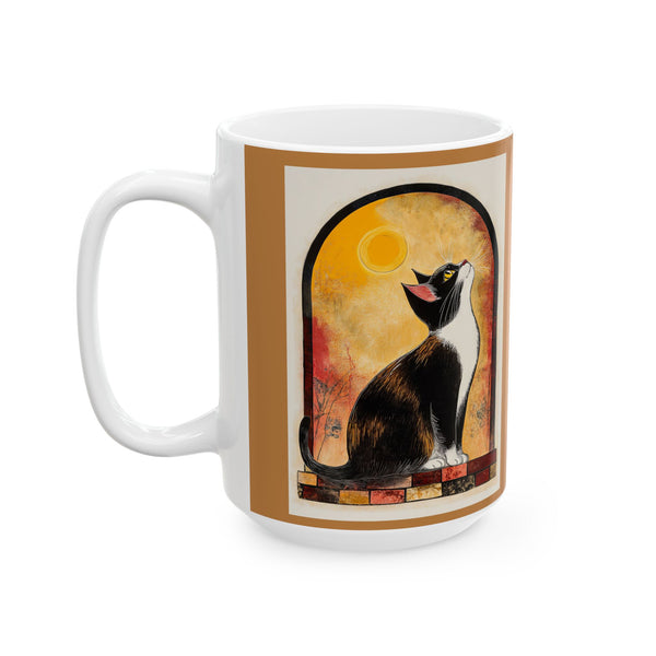 Artistic Ceramic Mug, Unique Coffee Cup, Cat and Moon Print, Gift for Art