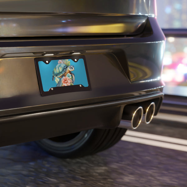 Car license plate with a decorative design on a blurred street background
