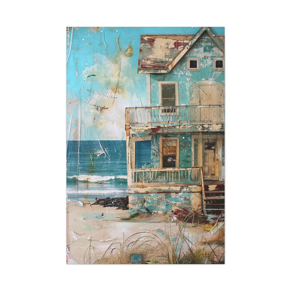 Whimsical Beach House Ocean Canvas Print Blue Art Coastal Decor Wall Hanging