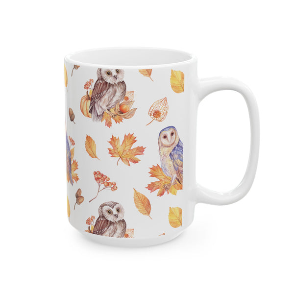 Autumn Owl Coffee Mug – Fall Leaves Ceramic Cup, Dishwasher & Microwave Safe