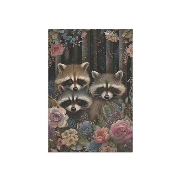 Woodland Raccoon Family Garden Flag & Porch Banner Floral Decor Yard Art