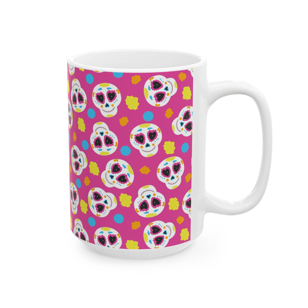 Pink Sugar Skull Day of the Dead White Ceramic Mug