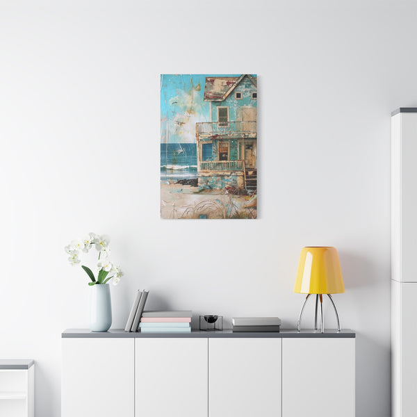 Whimsical Beach House Ocean Canvas Print Blue Art Coastal Decor Wall Hanging