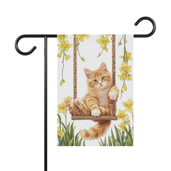 Orange Kitten on Swing Garden Flag & Porch Banner Spring Floral Decor