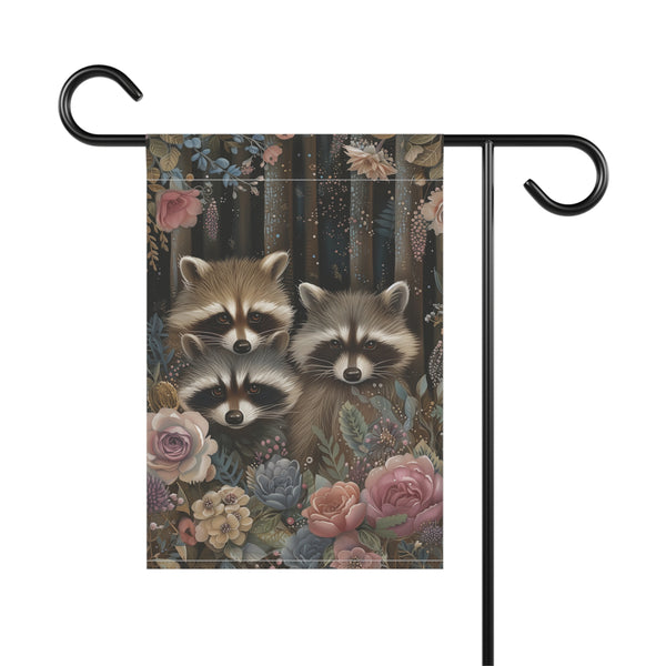 Woodland Raccoon Family Garden Flag & Porch Banner Floral Decor Yard Art